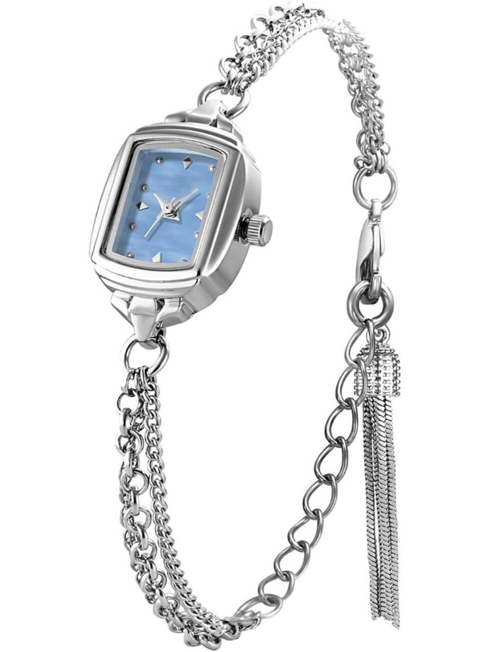 Women's Silver Blue Dainty Rectangle Ultra Thin Analog Bracelet Quartz Watch